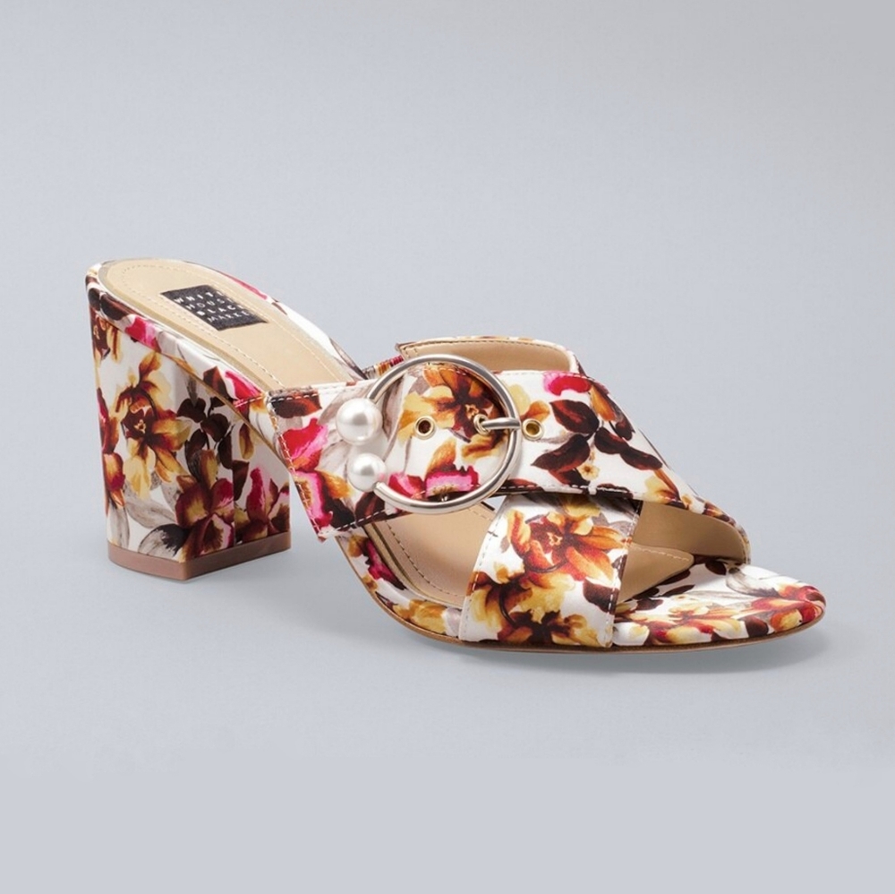 WHBM Silvy Floral Satin Block Heeled Sandals 10 - Picture 2 of 4
